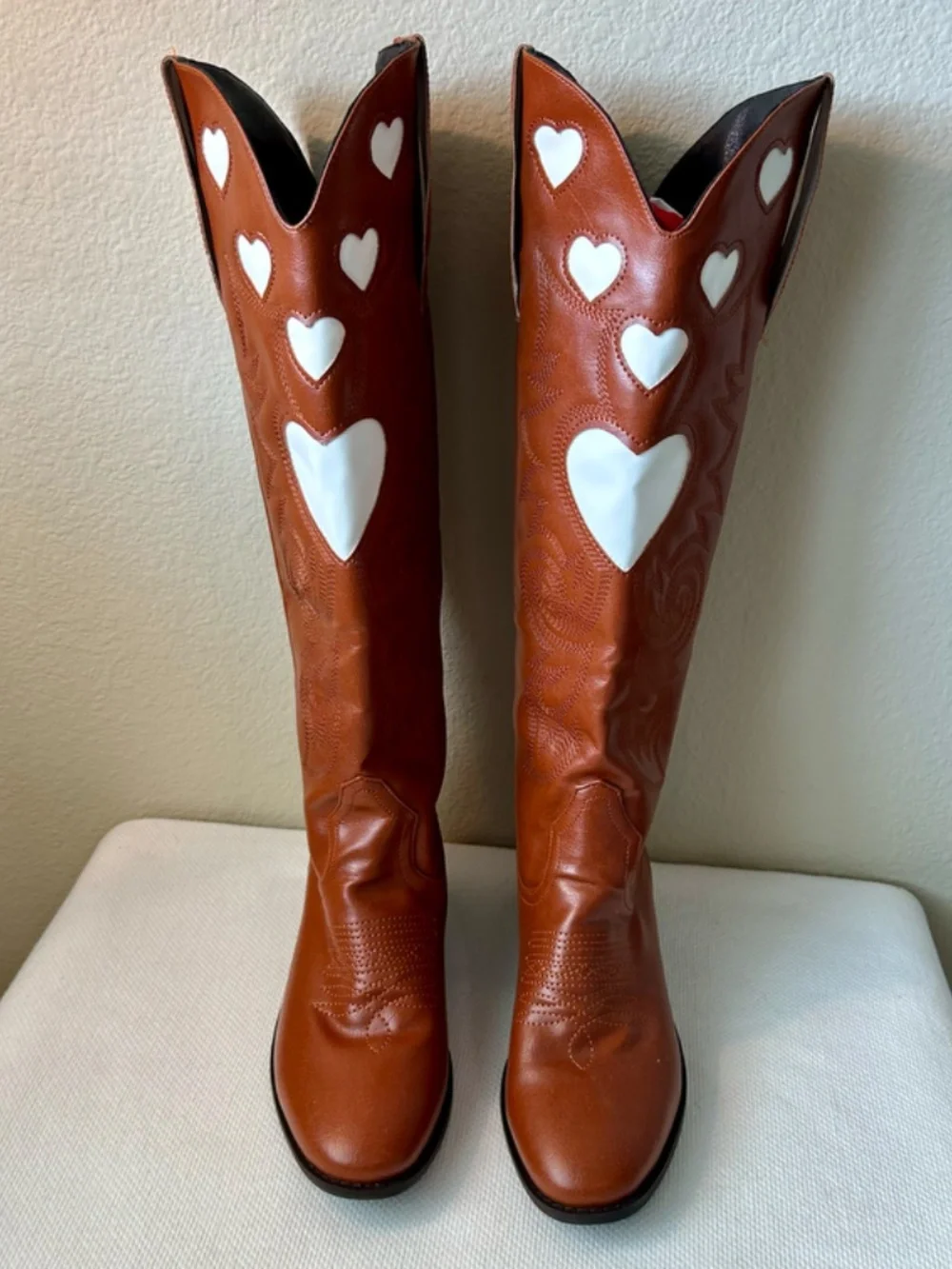 Cowboy Boot Tall Brown White Hearts Inlay Pull Strap Wide Calf Heel 1.5" 38/7.5 - Picture 4 of 14